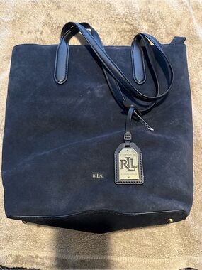 Ralph Lauren Navy Suede Tote with Leather Trim and RL Tag 🏷️ AS IS 🤗